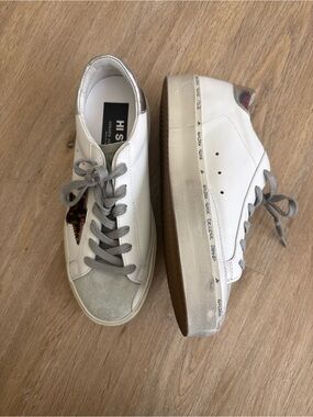 NEW Golden Goose White Sneakers with Gray Laces and Leopard Star 38